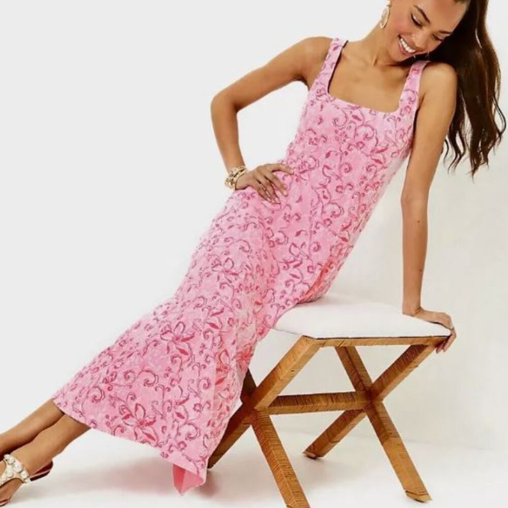 NWT $278 Lilly Pulitzer Calina Conch Shell Pink Flamingle Garden Linen Dress 2